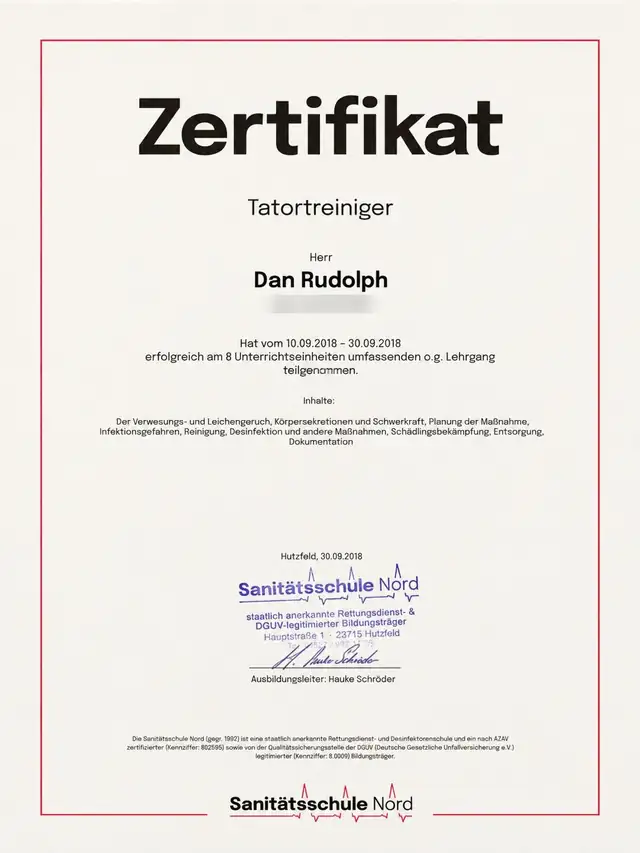 Zertifikat Tatortreiniger von Dan Rudolph, Sanitätsschule Nord, 2018